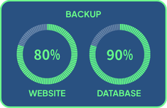 A digital backup progress popup showing two circular green loading indicators, one for Website at 80% and one for Database at 90%.