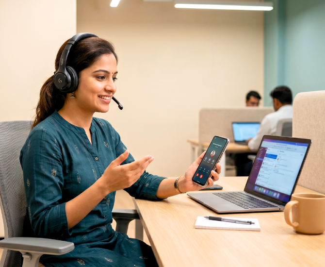 A customer support representative smiling while handling a call using a headset and mobile device