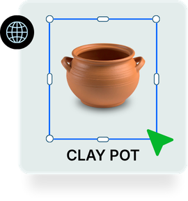 A professional web design mockup showing an e-commerce product card for a clay pot being resized with a digital cursor.