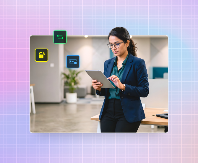 A professional woman in a navy blazer using a tablet in a modern office, featuring floating icons for domain unlocking, authorization codes, and transfer status.