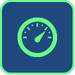 A green speedometer icon on a navy blue square representing high-speed performance