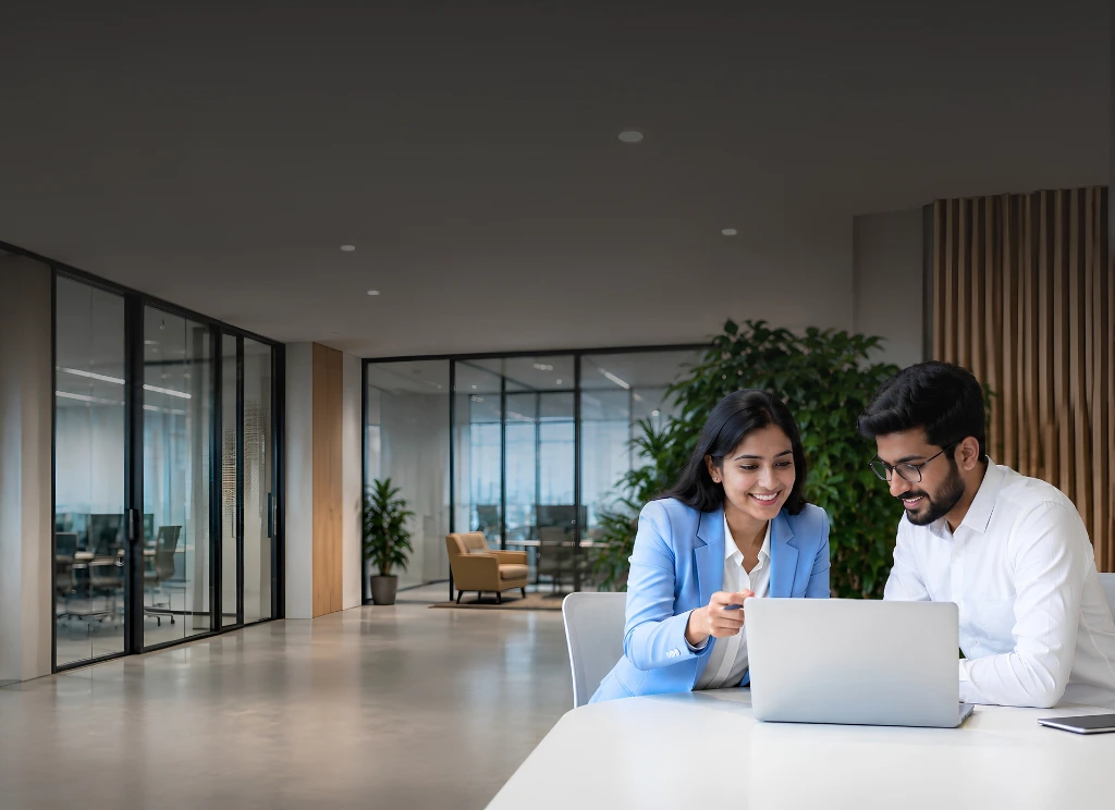Professionals collaborating on website management in a modern office