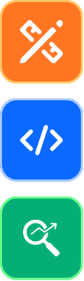 Three colorful square icons representing full-service solutions: an orange design icon with a pencil and ruler, a blue web development code icon, and a green SEO search icon with an upward trend.