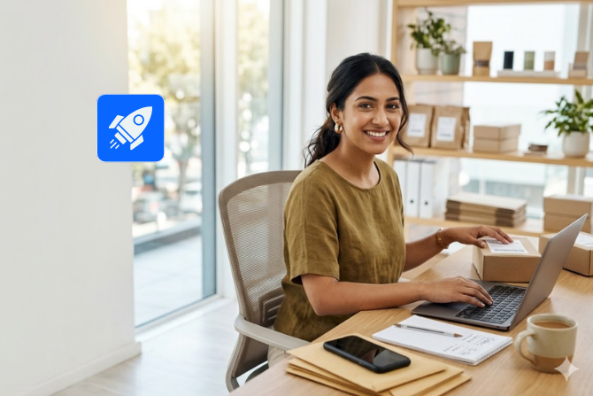 A smiling professional works at a laptop in a bright, modern office space with organized packages and office supplies. A floating blue rocket icon appears beside them, symbolizing the final quality testing and successful launch of a new website.