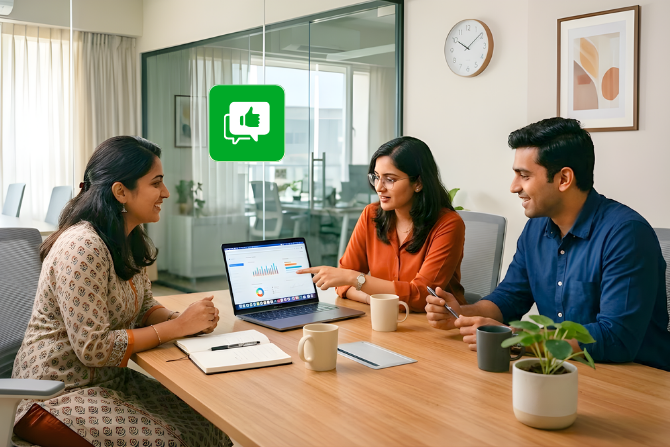 A professional team in a bright, modern office reviews a website design on a laptop together. A woman in the center points to the screen while discussing features with her colleagues, who listen and provide feedback. A floating green icon with a thumbs-up and speech bubble appears above the table, symbolizing successful collaboration and client approval.