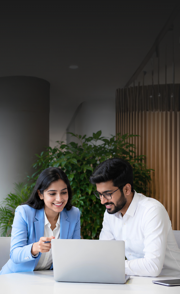 Professionals collaborating on website management in a modern office