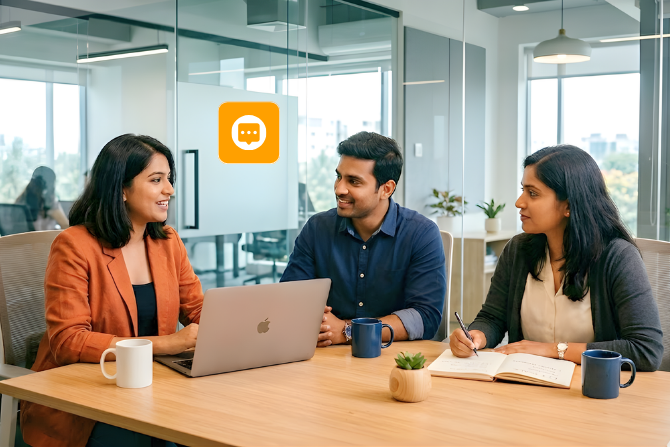 A collaborative web design team engages in a creative consultation in a modern glass-walled office. A designer explains a concept using a laptop, while colleagues listen and take notes to capture the client's brand vision. A floating orange chat icon above the table highlights the importance of open communication in the professional design process.