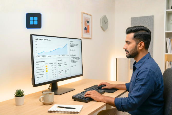 Professional managing multiple client websites on a computer