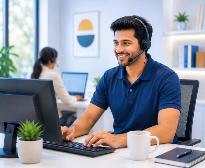 WordPress support specialist assisting clients from a modern office workspace.